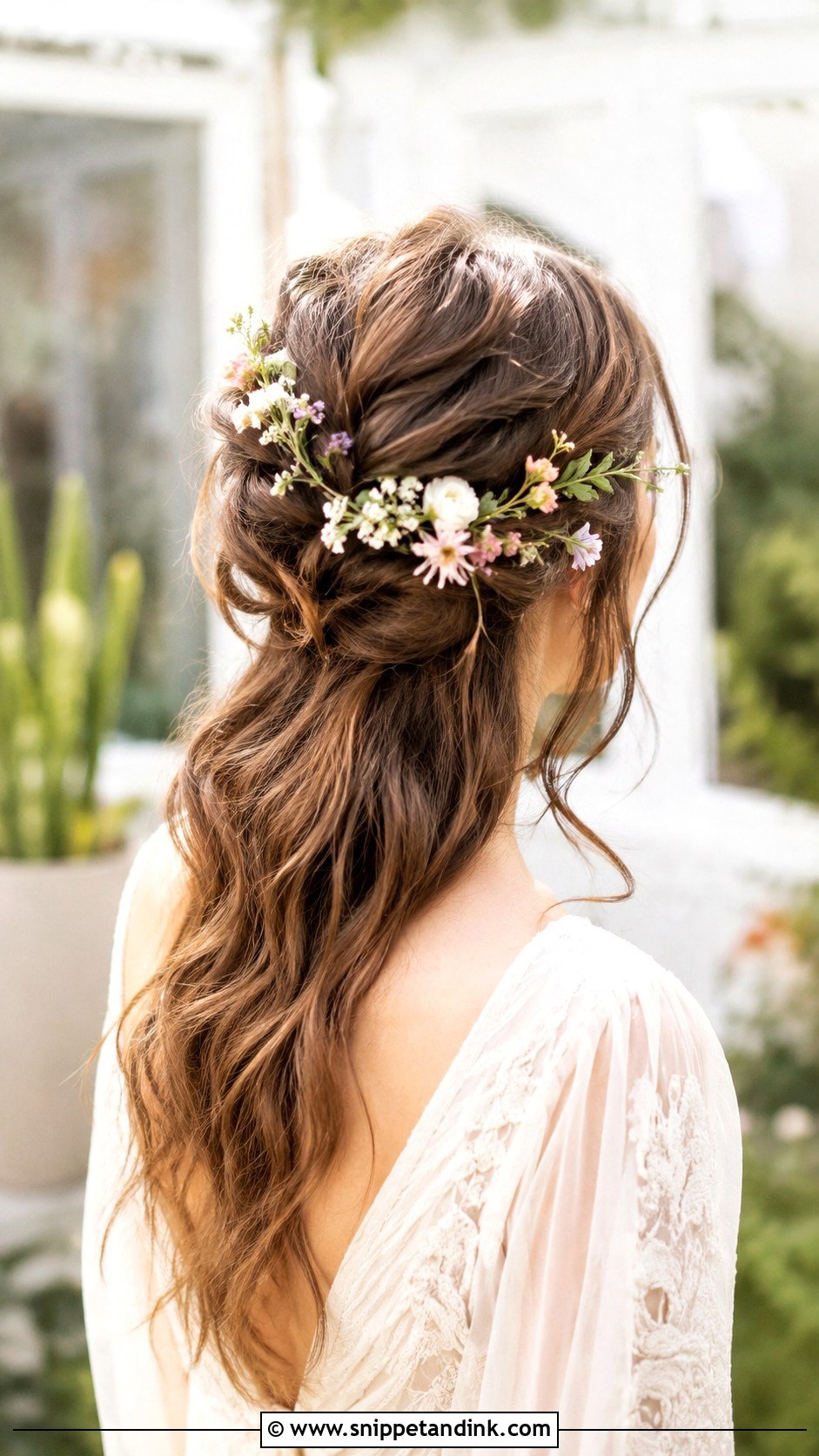 Boho Half Updo With Flowers - Snippet and Ink - 30 Half Updo Wedding Hair Ideas
