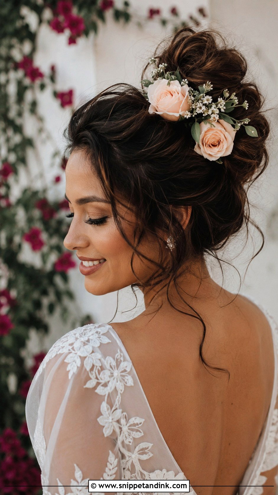 Boho High Bun With Flowers - Snippet and Ink - 25 High Bun Wedding Ideas