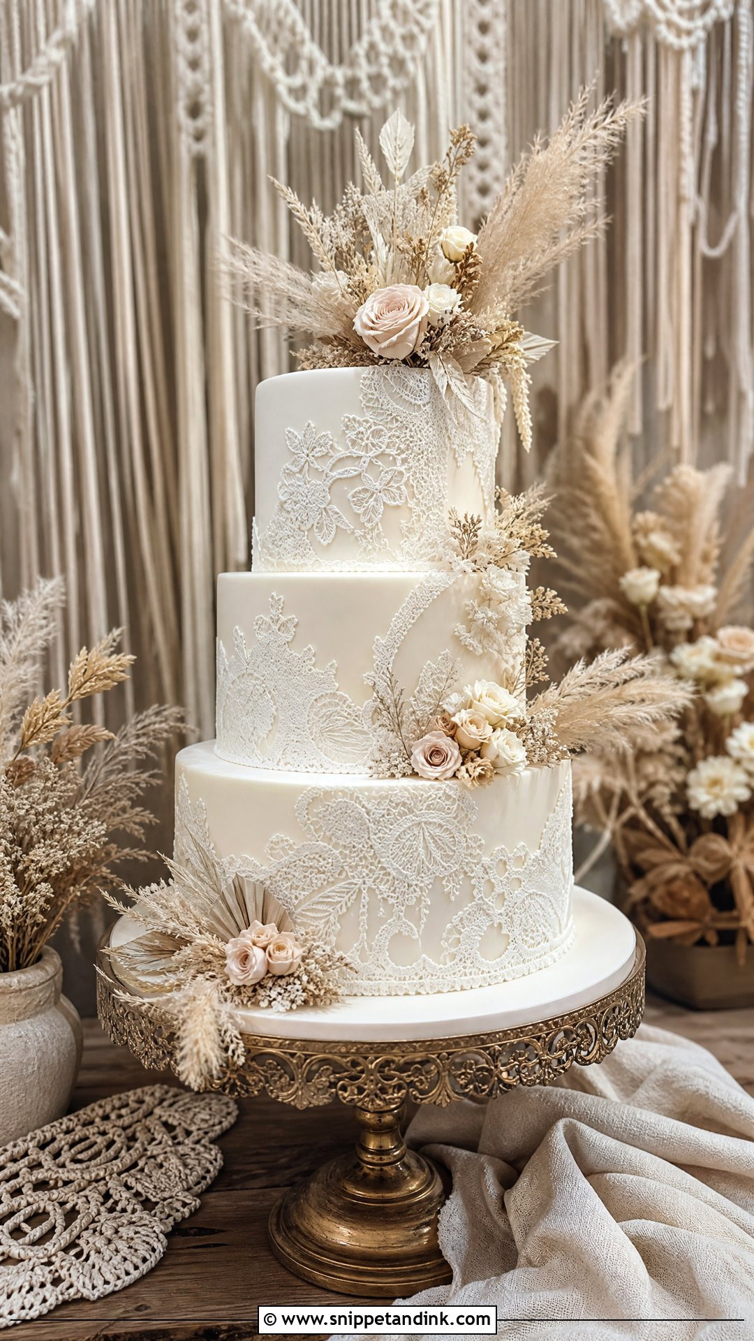 Boho Lace Wedding Cake - Snippet and Ink - 25 Boho Cake Design Ideas for Wedding