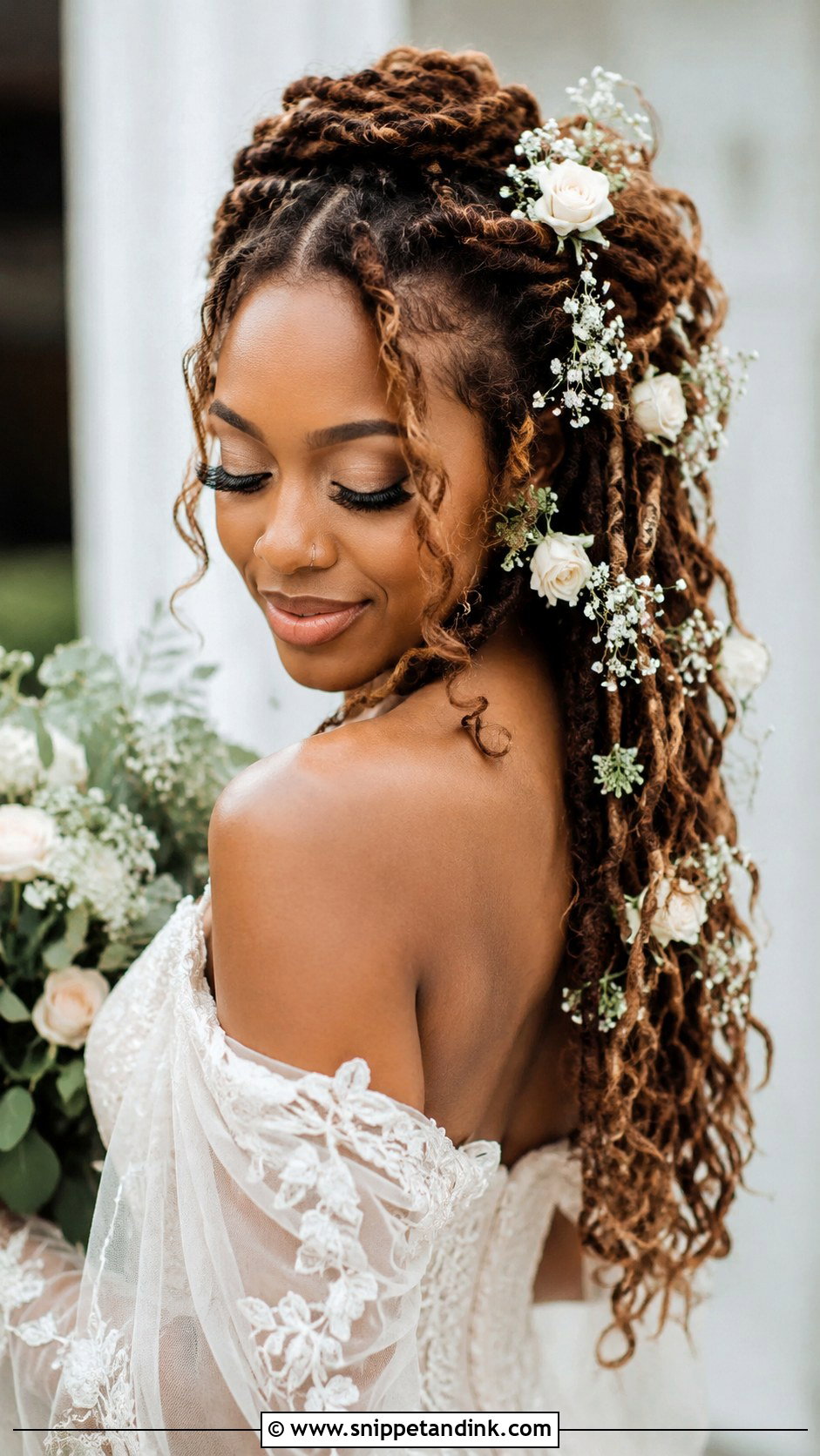 Boho Loc Half Up with Flowers - Snippet and Ink - 20 Dreadlocks Wedding Hairstyles Brides
