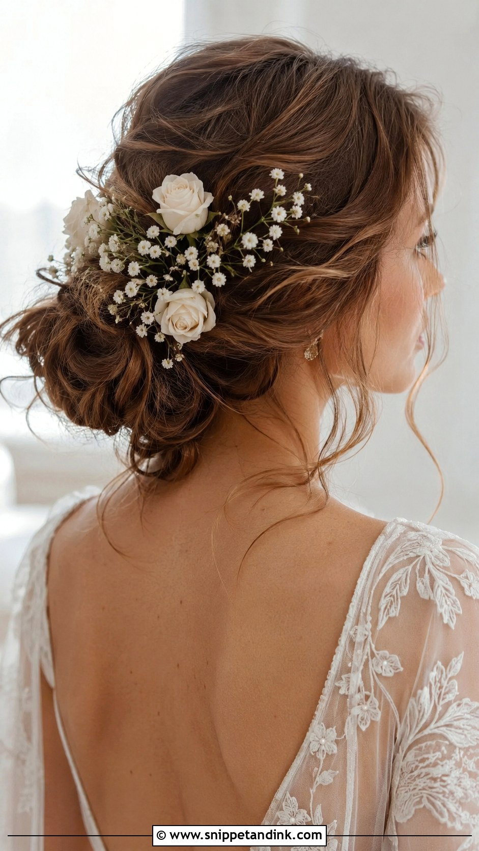 Boho Low Bun With Flowers - Snippet and Ink - 20 Low Wedding Updo Ideas