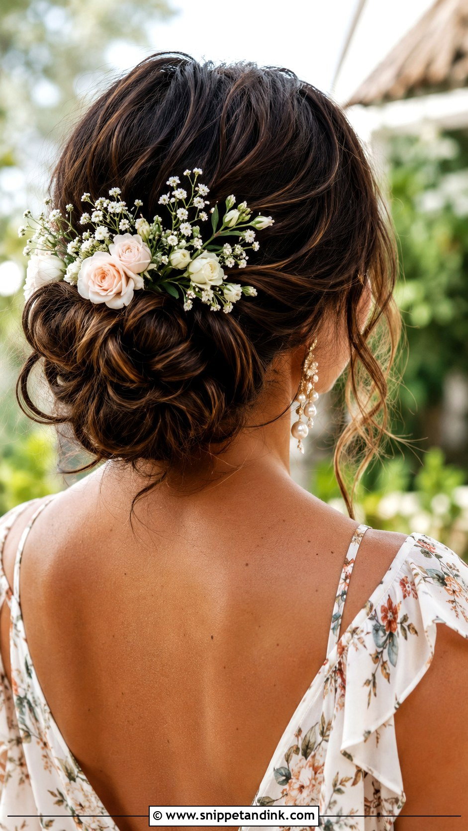 Boho Low Bun With Flowers - Snippet and Ink - 20 Low Bun Wedding Guest Hair Ideas