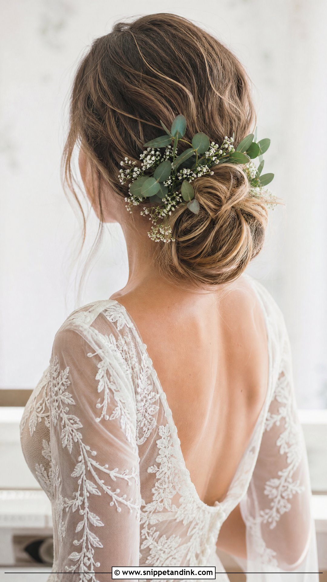 Boho Low Bun With Greenery - Snippet and Ink - 20 Wedding Hair 2025 Ideas