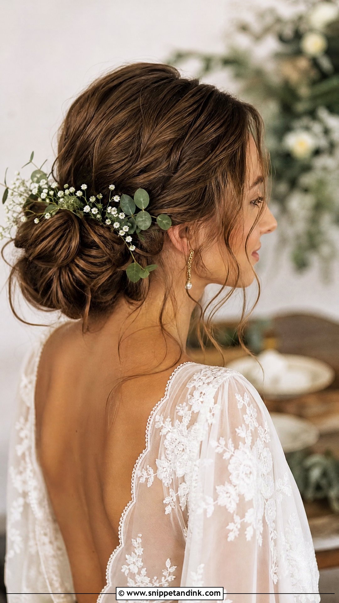 Boho Low Bun With Greenery - Snippet and Ink - 20 Simple Wedding Hairstyles for Medium Hair
