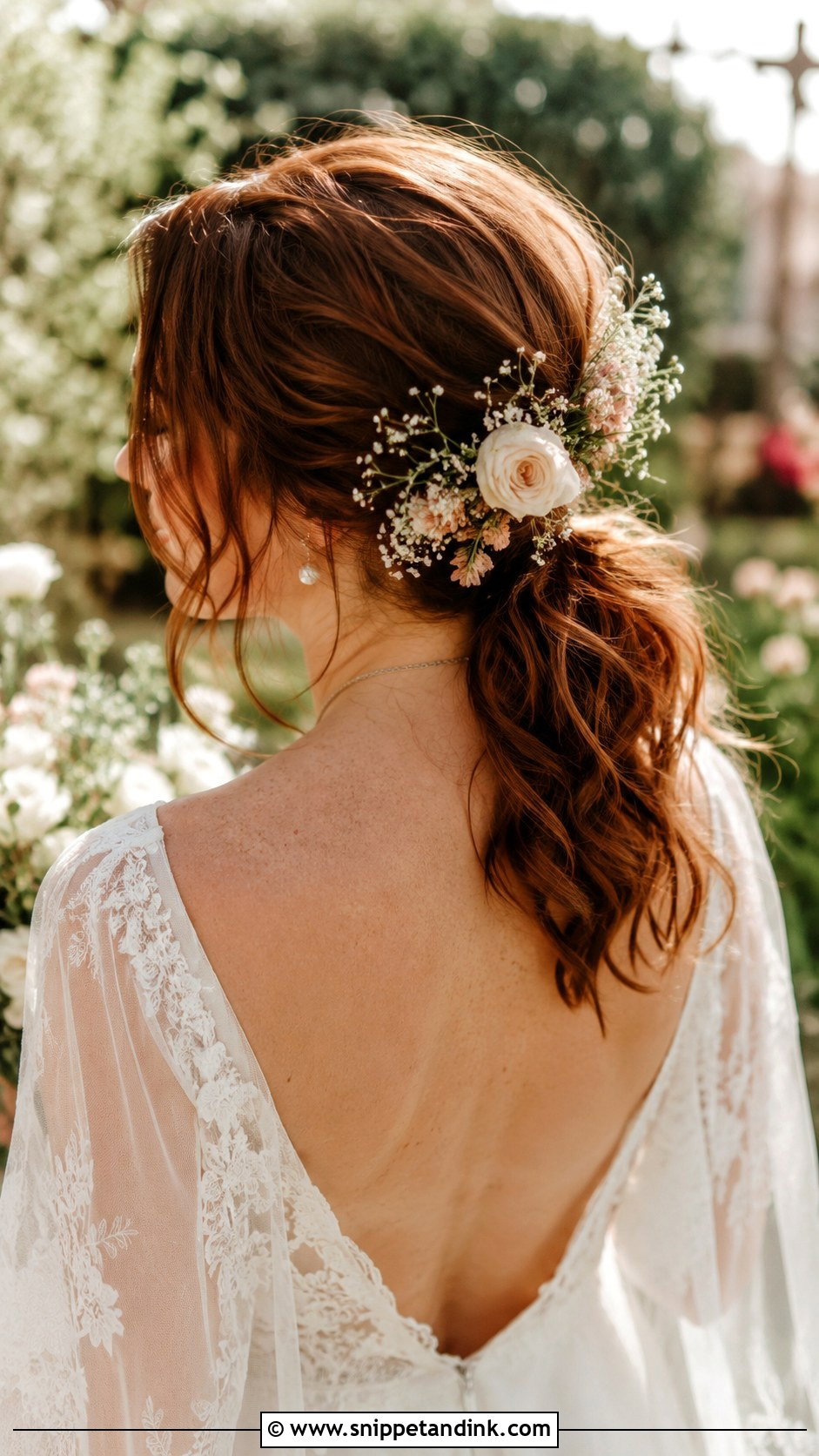 Boho Low Ponytail With Flowers - Snippet and Ink - 20 Bridal Low Ponytail Ideas