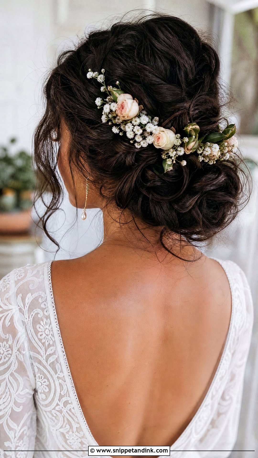 Boho Messy Bun With Flowers - Snippet and Ink - 20 Messy Bun Bridal Hair Ideas