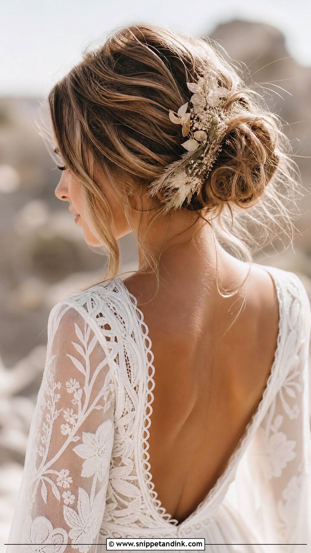 Boho Messy Bun With Waves - Snippet and Ink - 20 Messy Bridal Bun Ideas