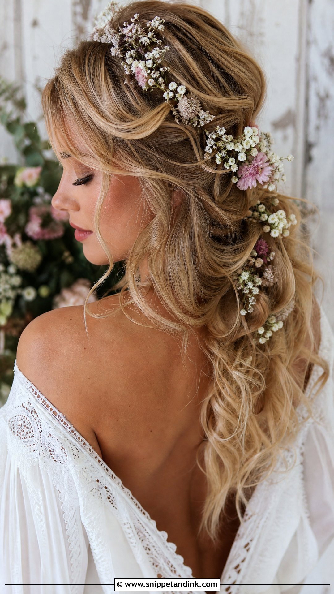 Boho Messy Waves with Flowers - Snippet and Ink - 20 Messy Hair Styles for Wedding