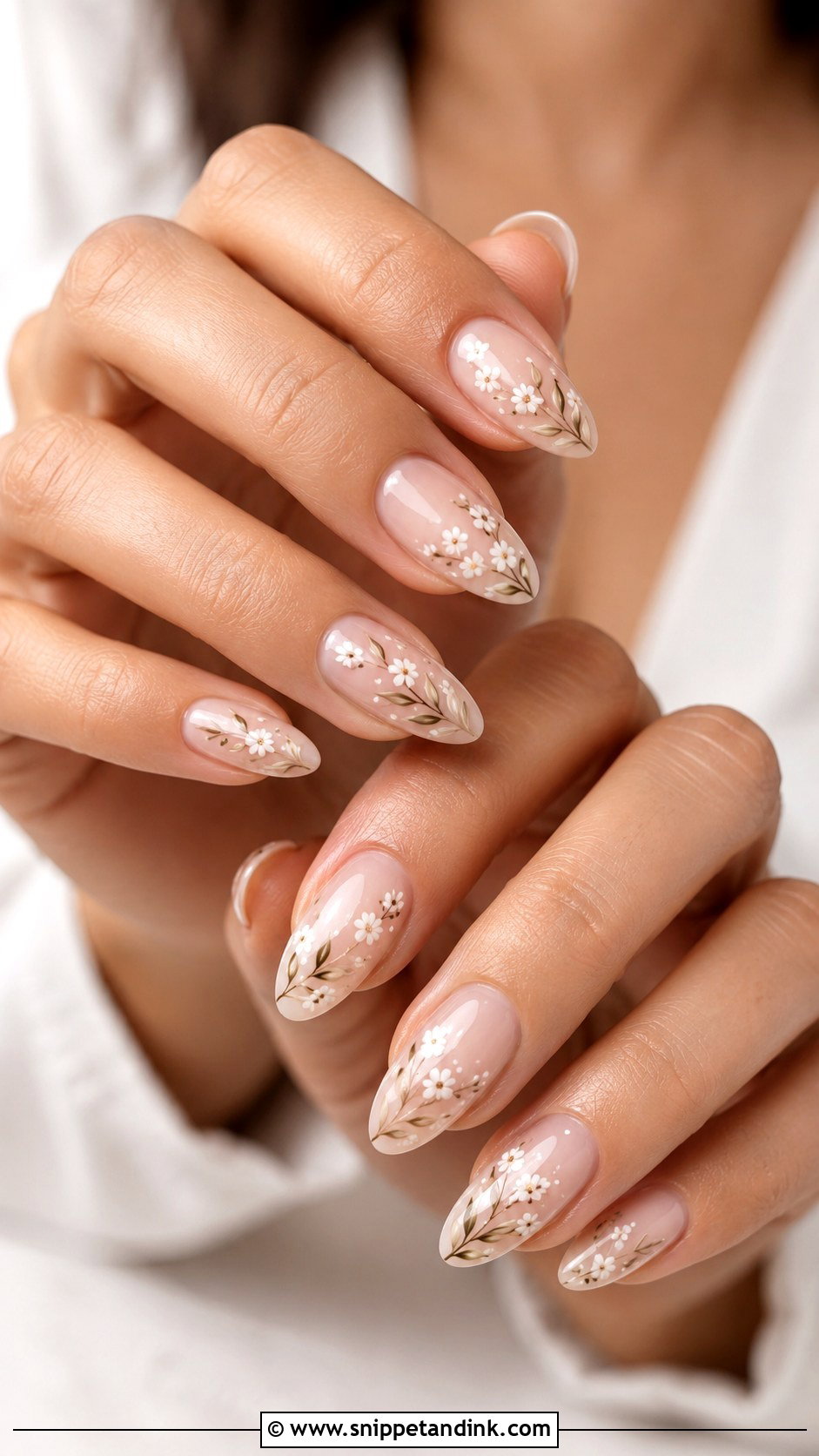 Boho Nude Wedding Nails With White Florals - Snippet and Ink - 20 Boho Wedding Nails for Bride