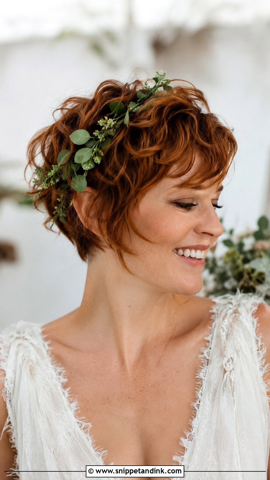 Boho Pixie With Greenery - Snippet and Ink - 35 Short Hair Wedding Styles