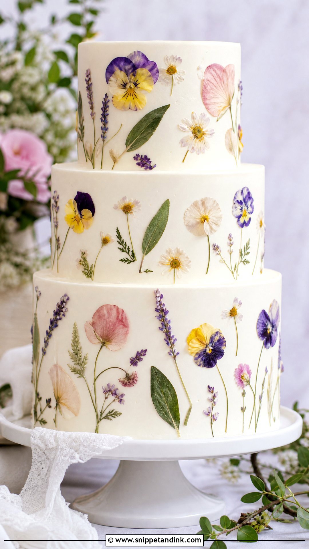 Boho Pressed Flower Wedding Cake - Snippet and Ink - 25 Boho Cake Design Ideas for Wedding