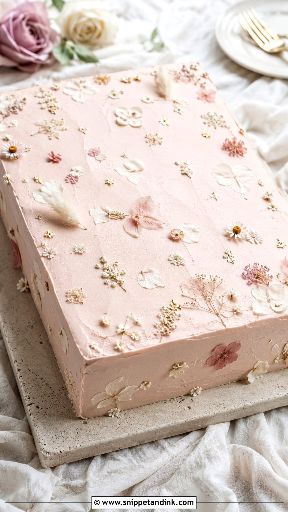 Boho Sheet Cake With Blush Buttercream - Snippet and Ink - 20 Boho Sheet Cake Ideas for Wedding