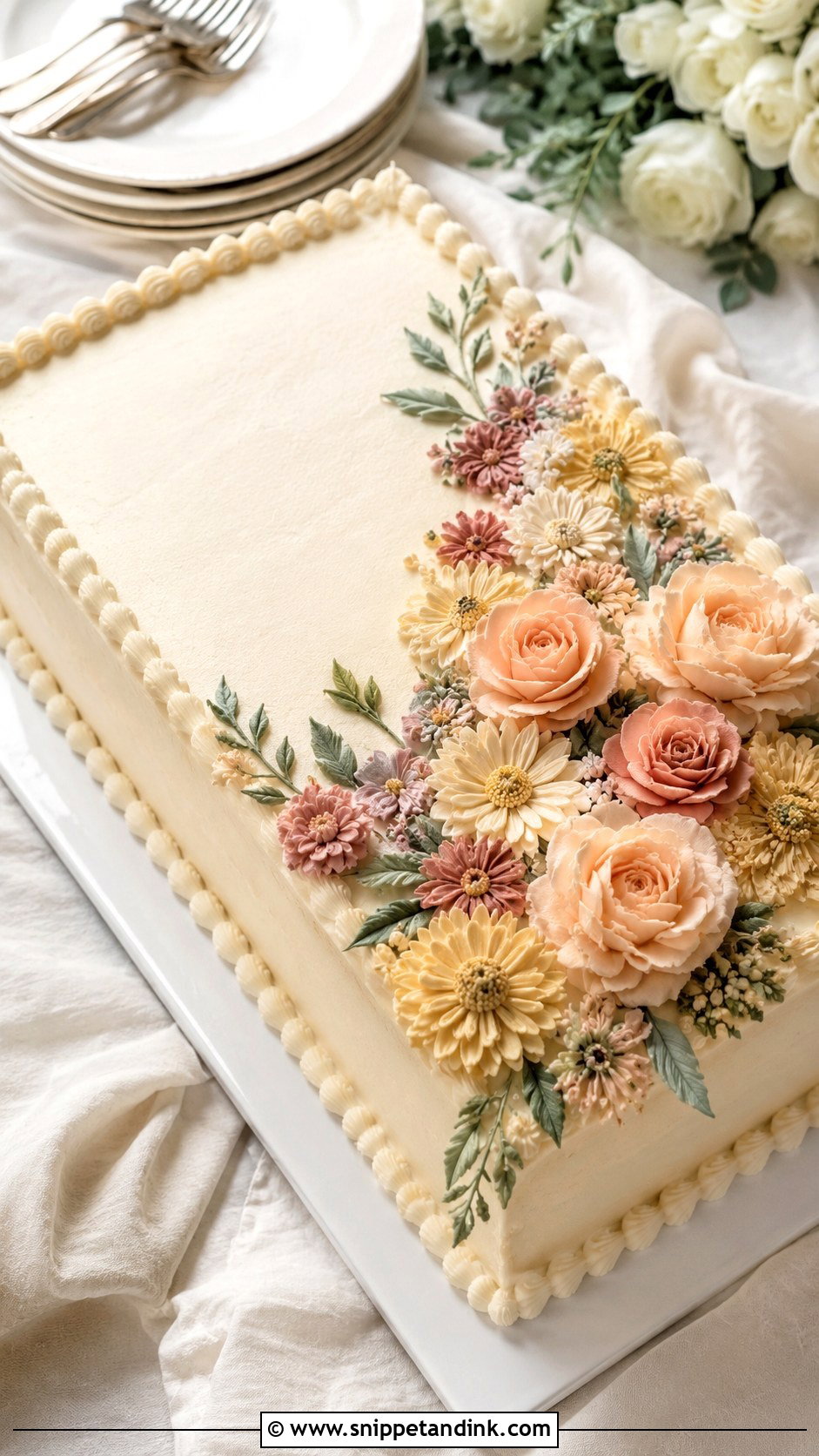Boho Sheet Cake With Buttercream Flowers - Snippet and Ink - 20 Boho Sheet Cake Ideas for Wedding