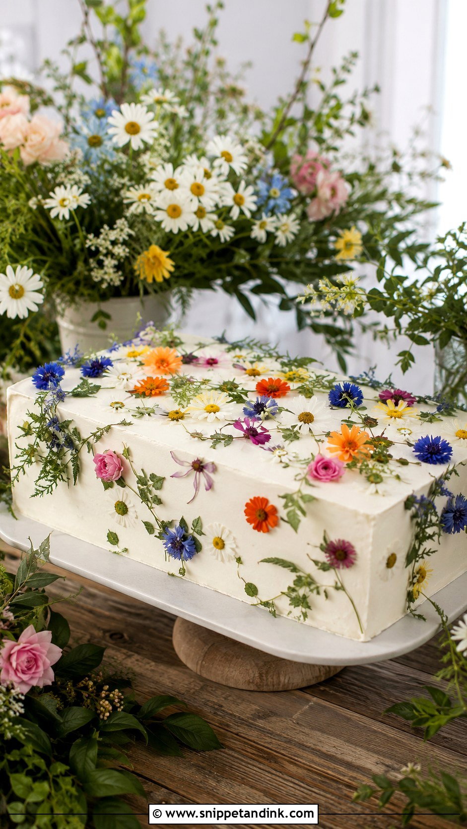 Boho Sheet Cake With Fresh Wildflowers - Snippet and Ink - 20 Boho Sheet Cake Ideas for Wedding