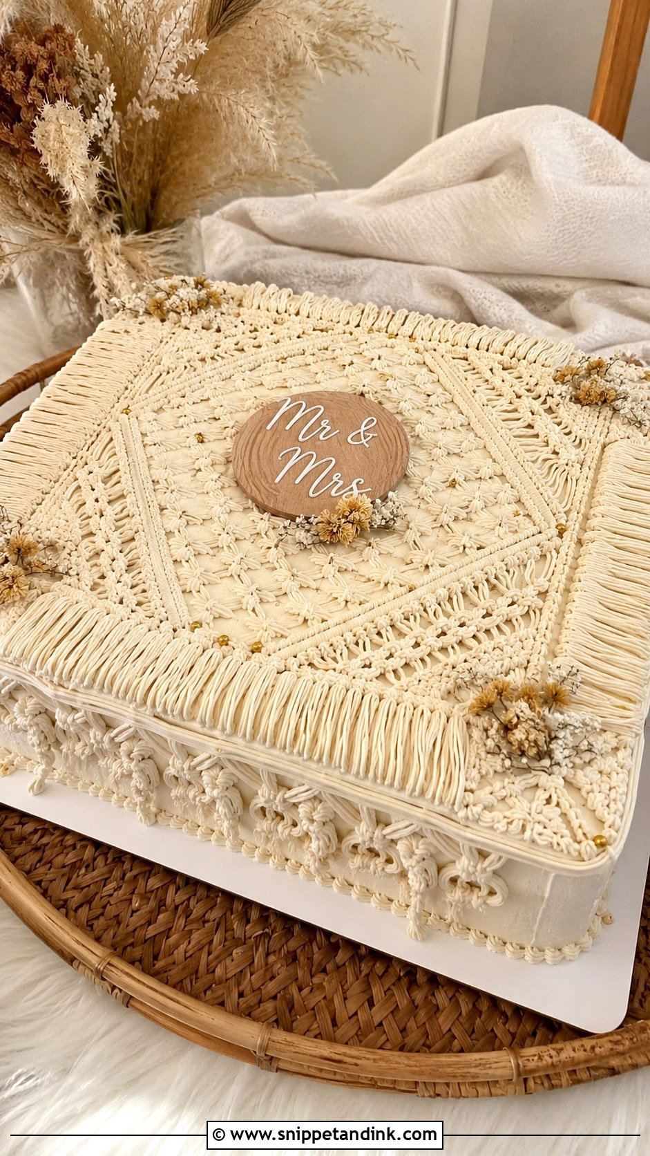 Boho Sheet Cake With Macrame Pattern - Snippet and Ink - 20 Boho Sheet Cake Ideas for Wedding