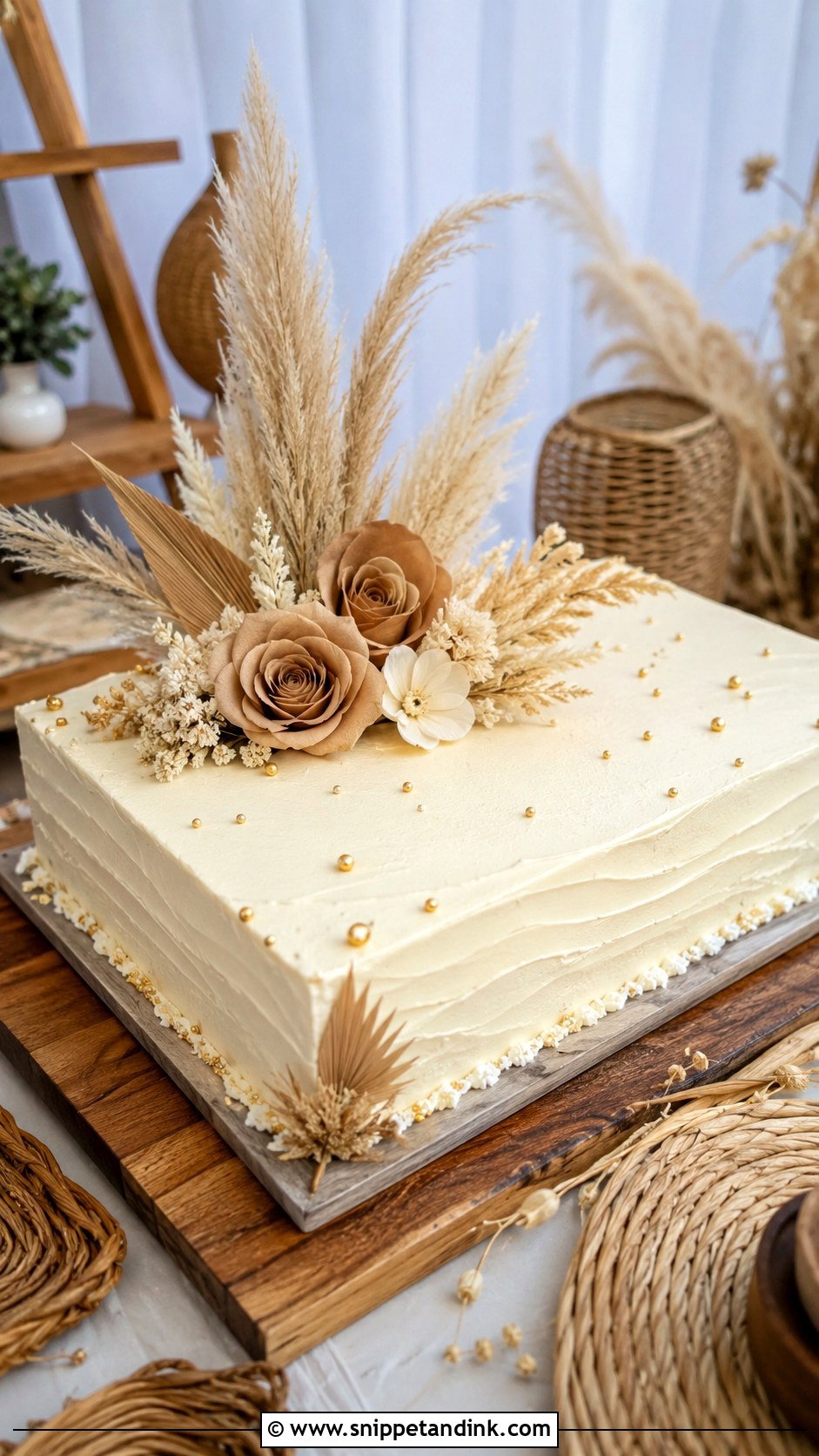 Boho Sheet Cake With Pampas Grass - Snippet and Ink - 20 Boho Sheet Cake Ideas for Wedding