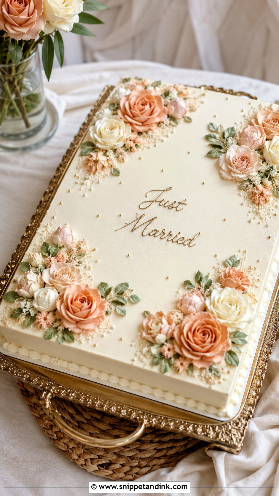 Boho Sheet Cake With Peach Flowers - Snippet and Ink - 20 Boho Sheet Cake Ideas for Wedding