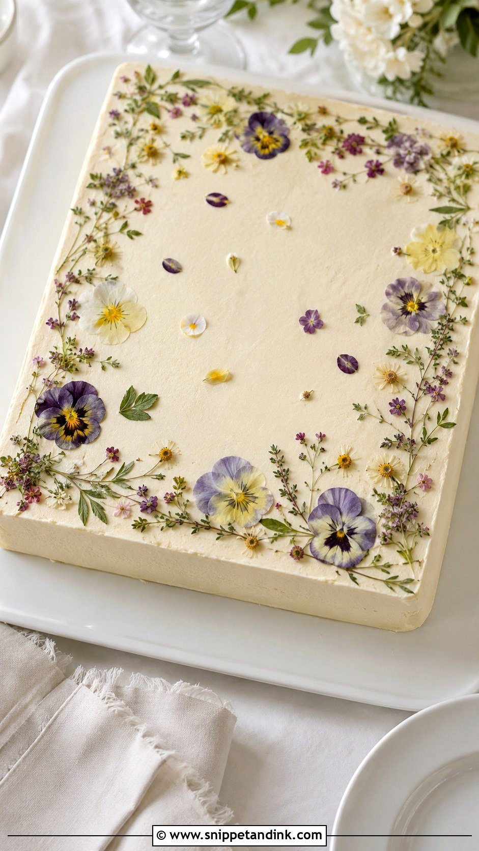 Boho Sheet Cake With Pressed Flowers - Snippet and Ink - 20 Boho Sheet Cake Ideas for Wedding
