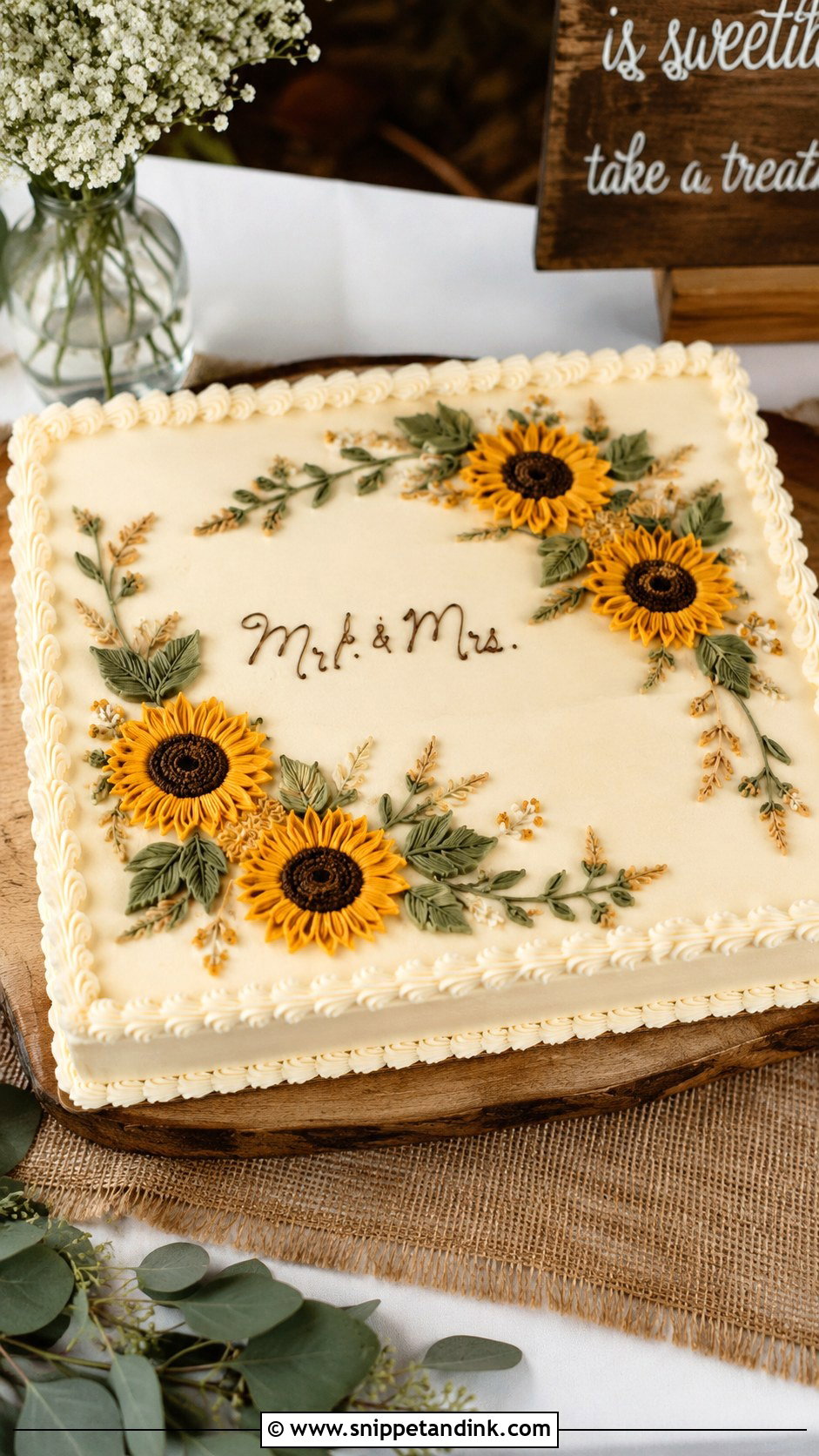 Boho Sheet Cake With Sunflower Decoration - Snippet and Ink - 20 Boho Sheet Cake Ideas for Wedding