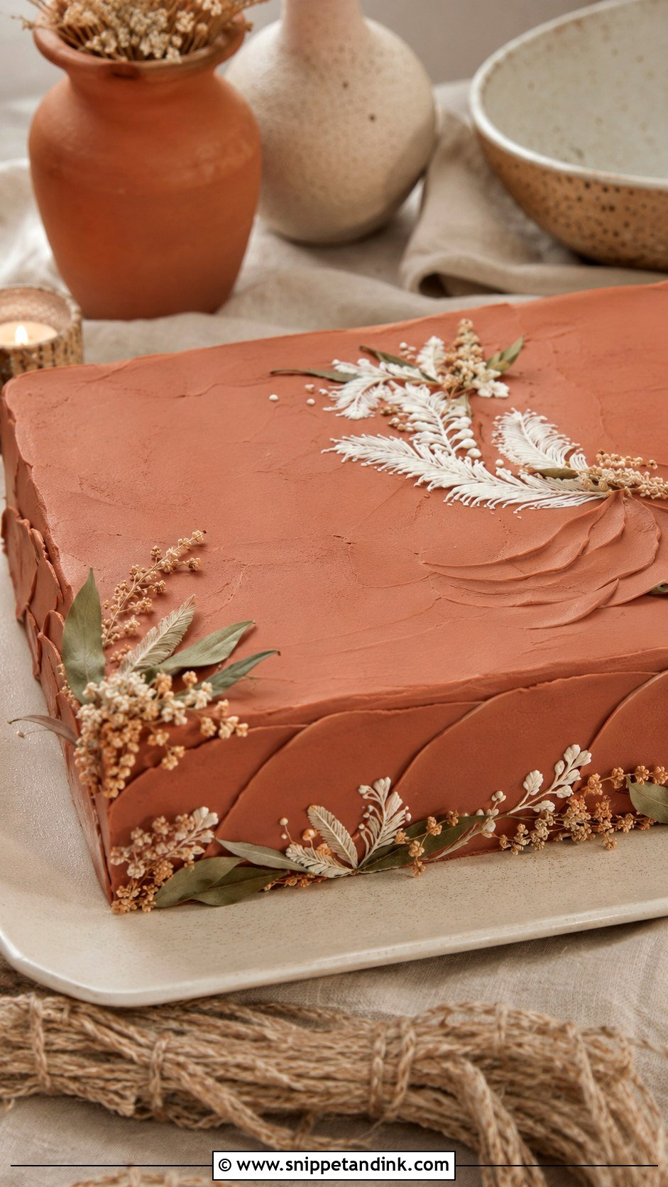 Boho Sheet Cake With Terracotta Frosting - Snippet and Ink - 20 Boho Sheet Cake Ideas for Wedding