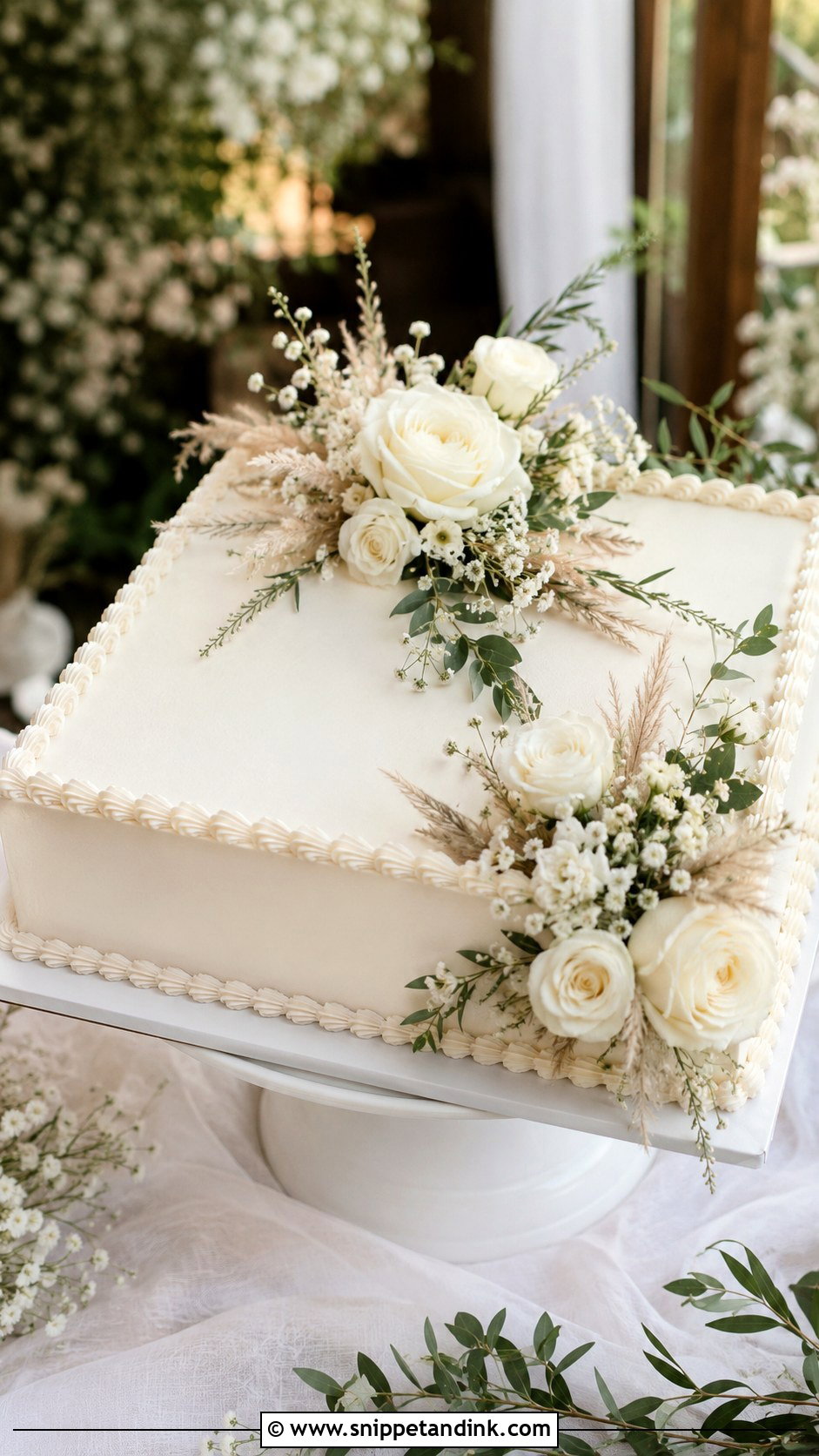 Boho Sheet Cake With White Roses - Snippet and Ink - 20 Boho Sheet Cake Ideas for Wedding
