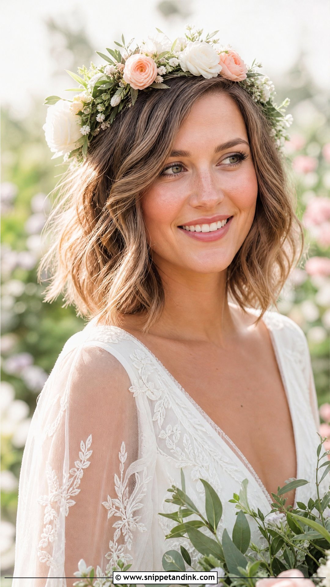 Boho Short Hairstyle With Flower Crown - Snippet and Ink - 20 Short Hairstyle for Bride Ideas