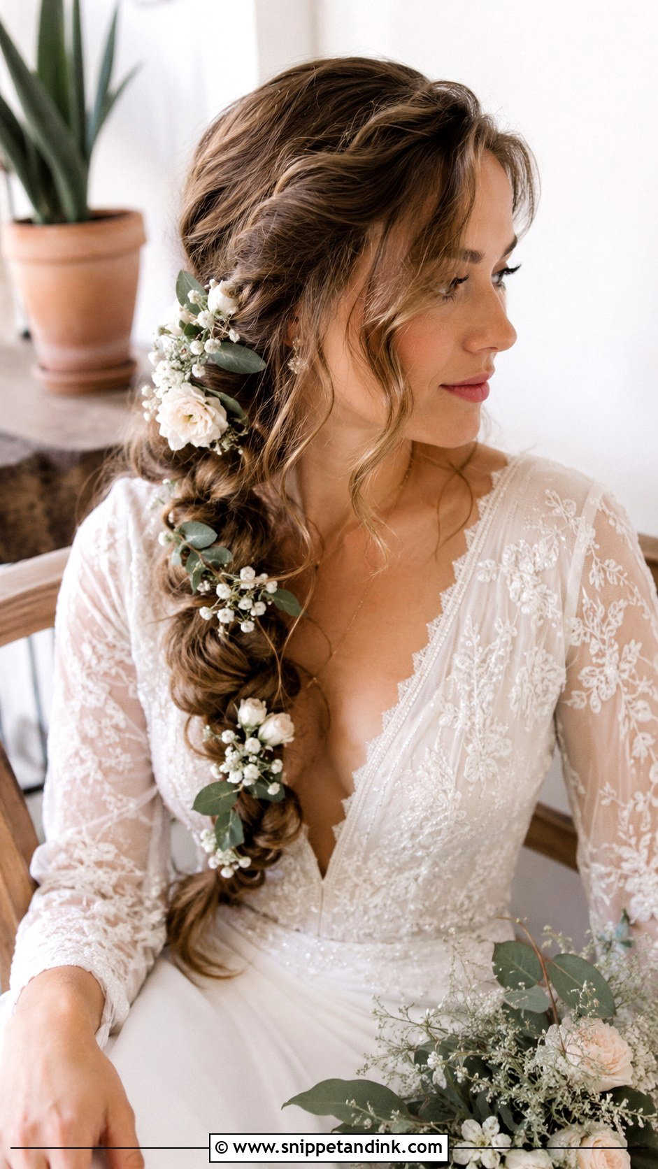 Boho Side Braid With Flowers - Snippet and Ink - 20 One Side Up Wedding Hair Ideas