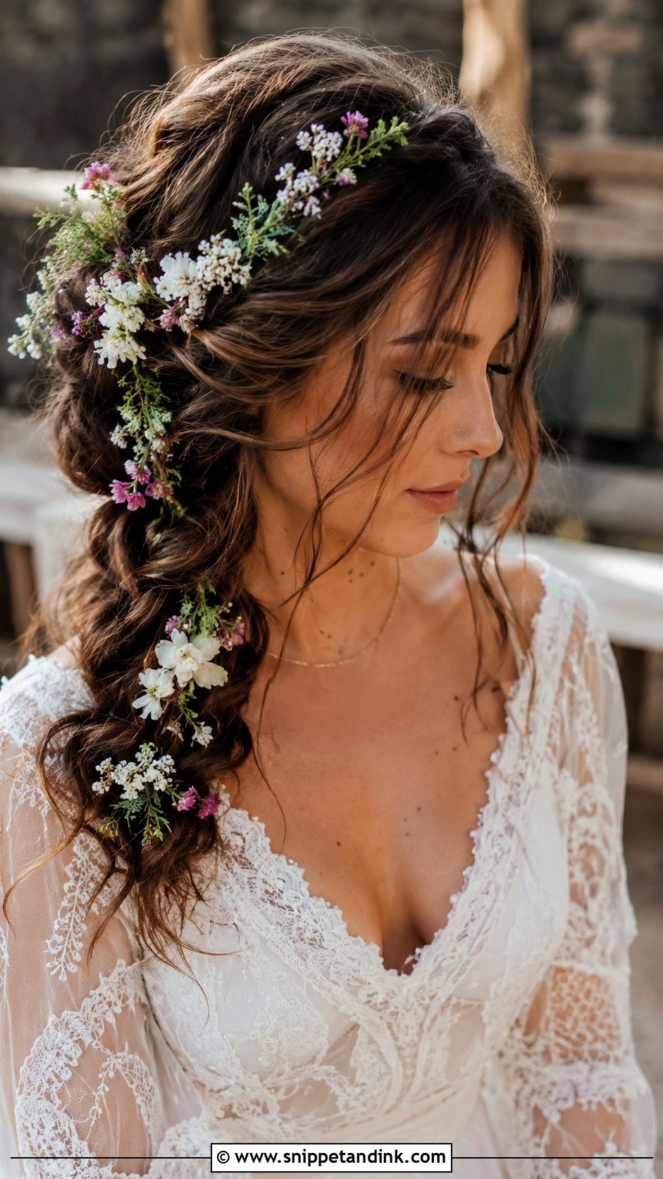 Boho Side Braided Updo With Flowers - Snippet and Ink - 25 Side Updo Wedding Hair Ideas