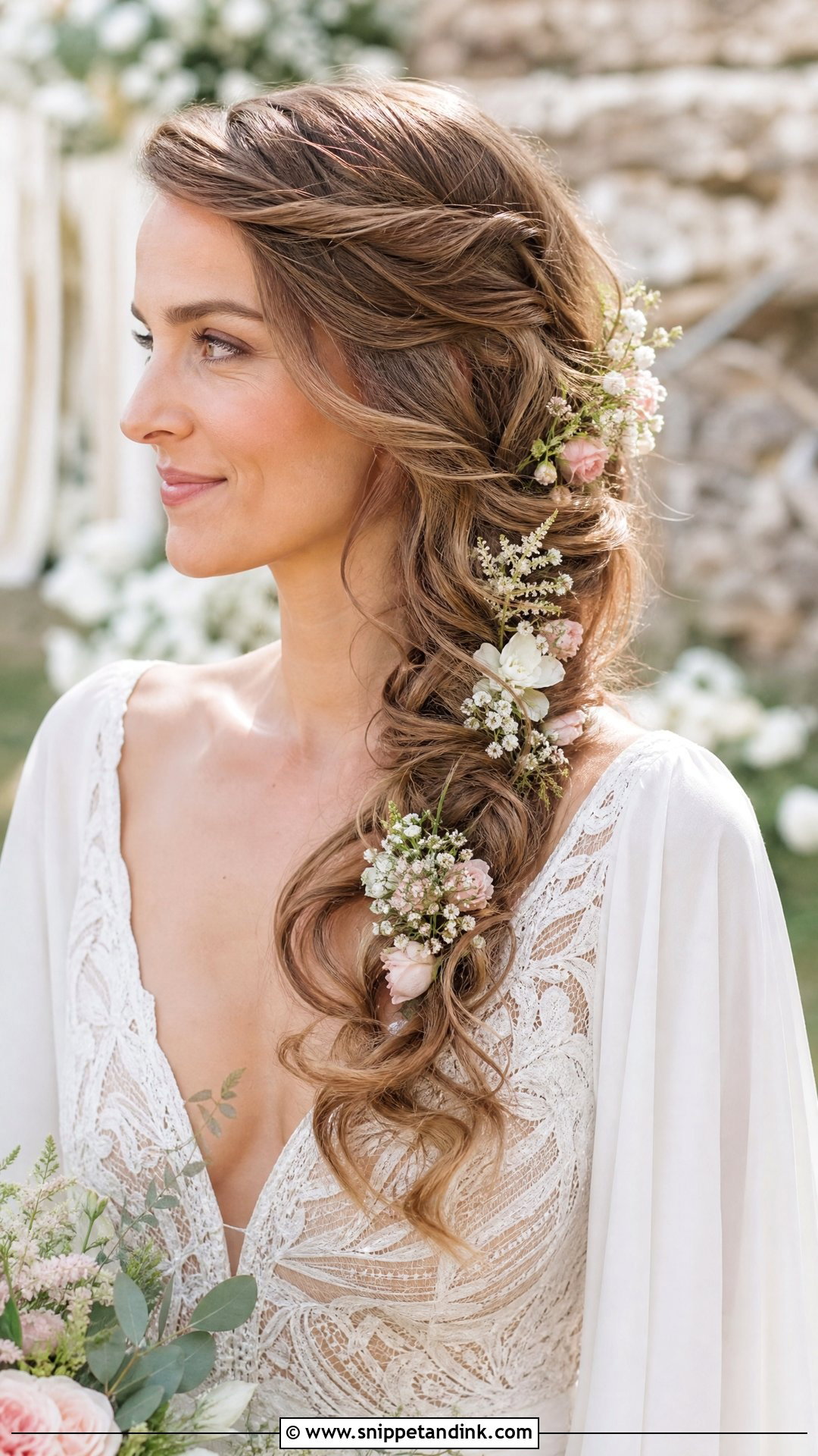 Boho Side Ponytail With Flowers - Snippet and Ink - 25 Side Ponytail Wedding Hairstyles