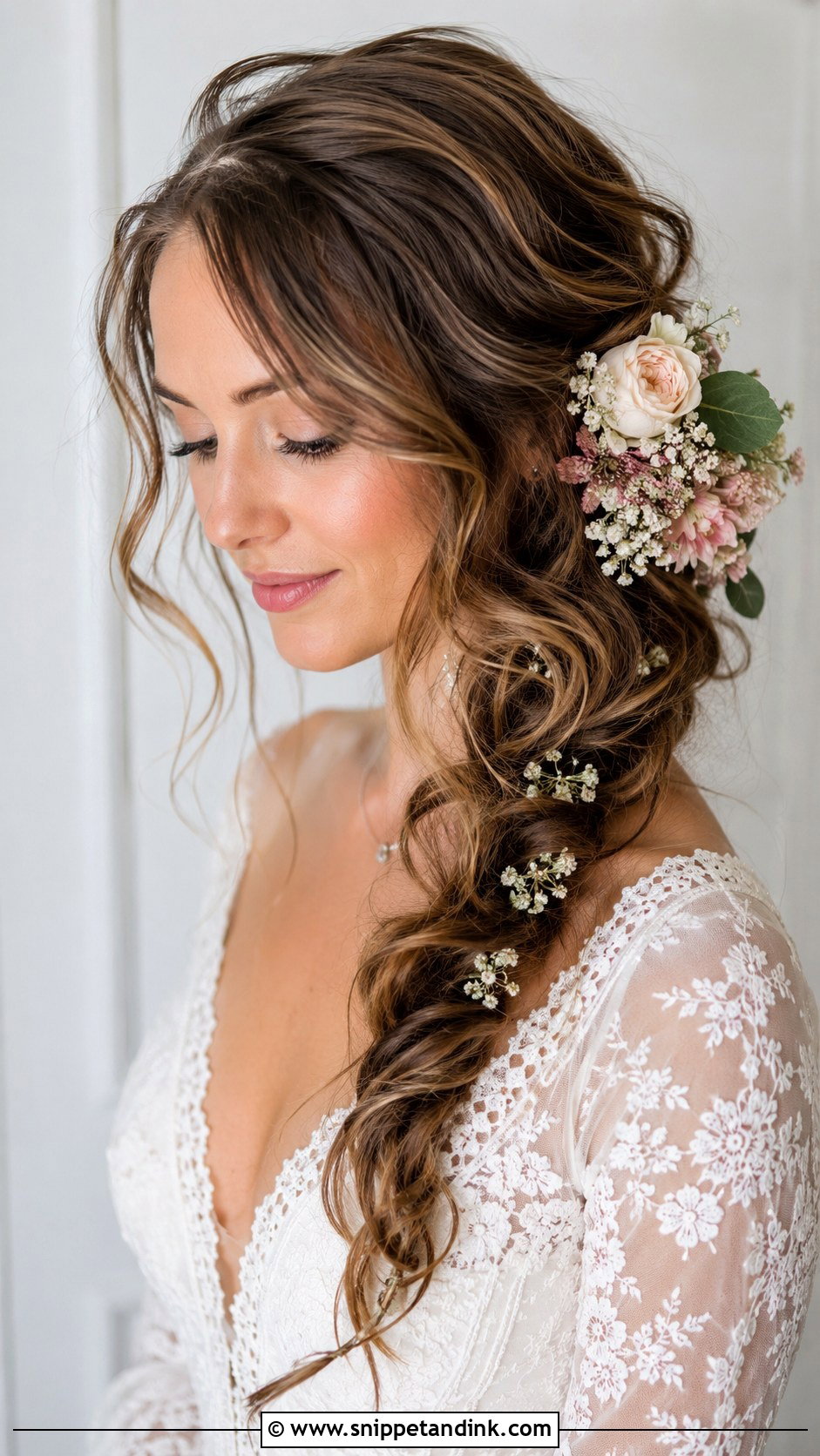 Boho Side Swept Hair With Flowers - Snippet and Ink - 25 One Side Pinned Back Wedding Hair Ideas
