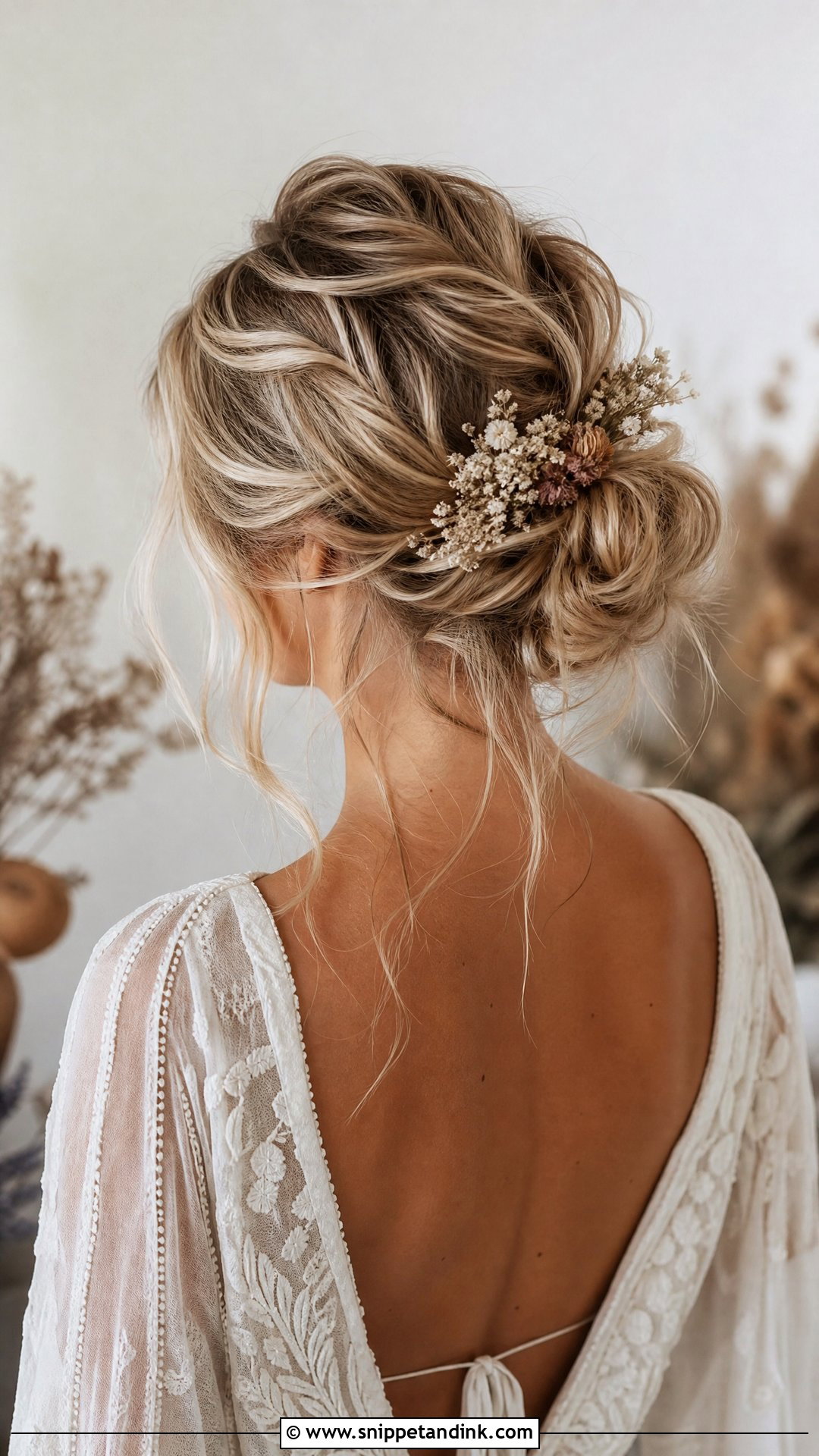 Boho Textured Bun - Snippet and Ink - 20 Simple Bridal Bun Ideas