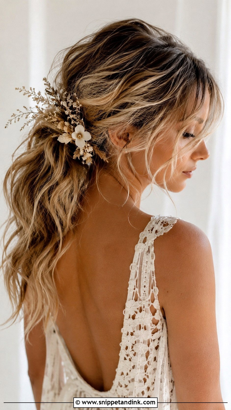 Boho Textured Ponytail Wedding Style - Snippet and Ink - 20 Pony Updo Wedding Ideas