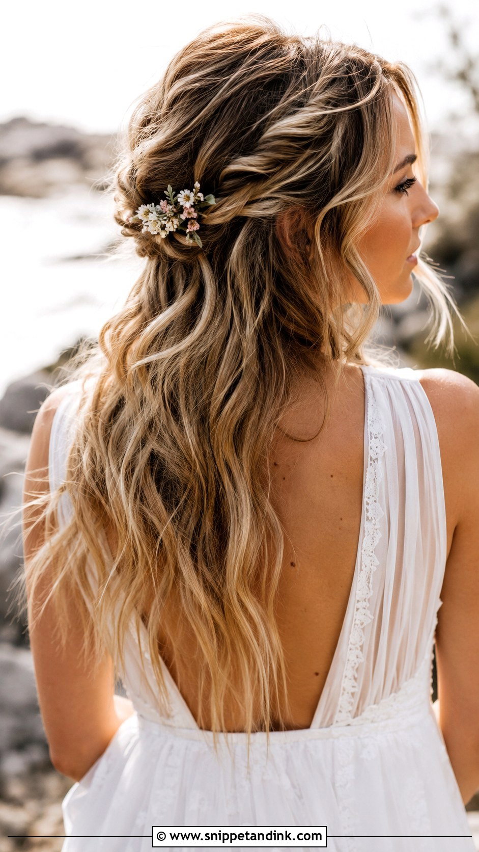 Boho Twisted Half Up With Waves - Snippet and Ink - 25 Long Bridal Hair Down Ideas