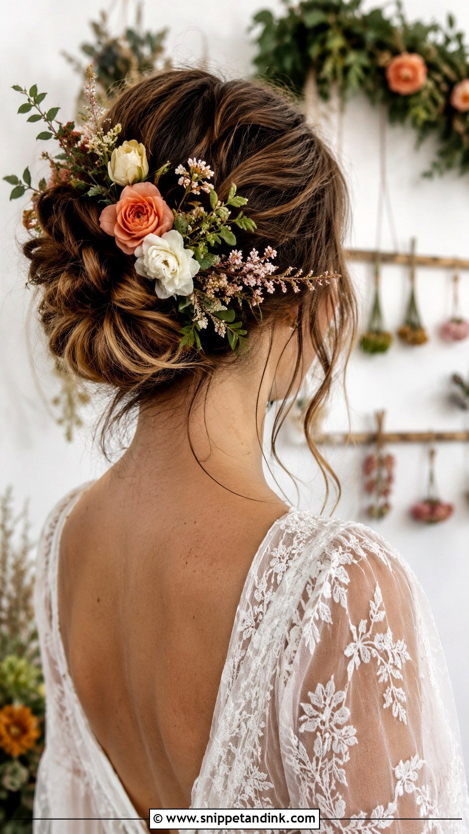 Boho Updo With Fresh Flowers - Snippet and Ink - 20 Hair Up Styles Wedding