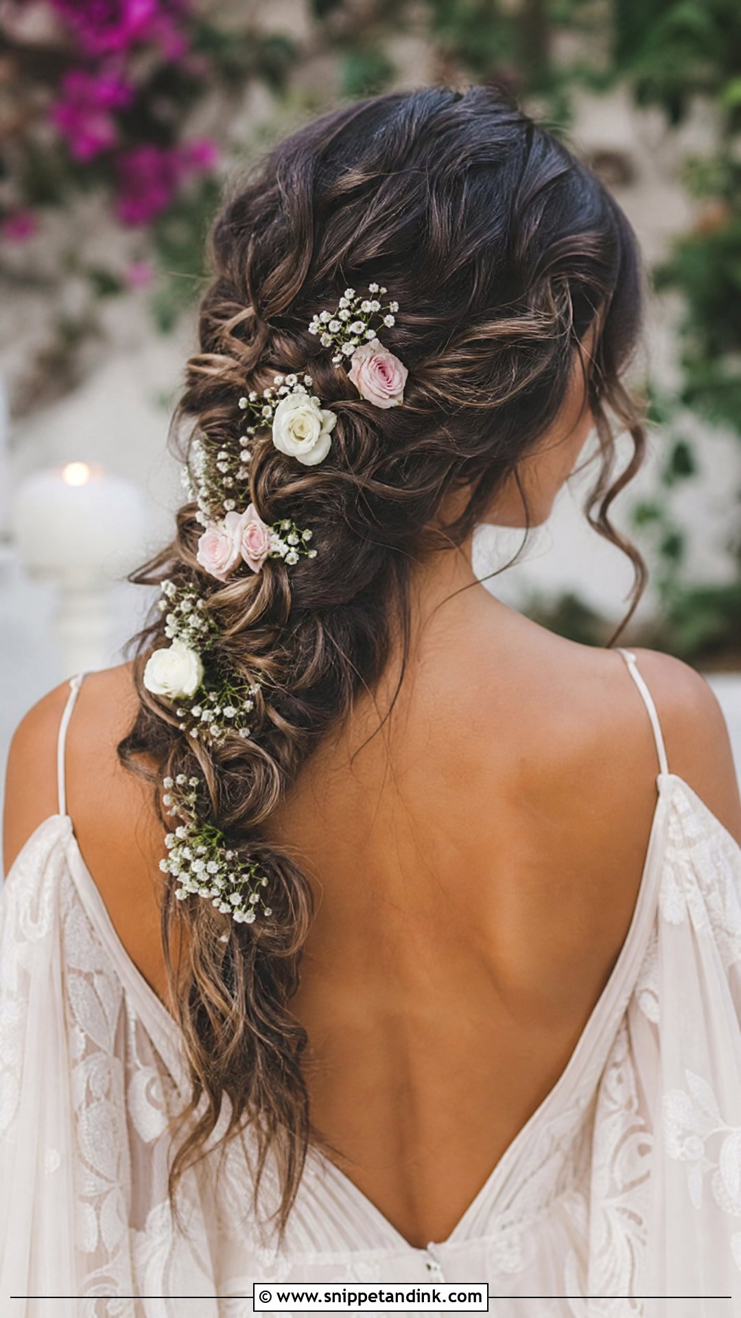 Boho Waterfall Braid With Flowers - Snippet and Ink - 20 Waterfall Braid Wedding Hair Ideas