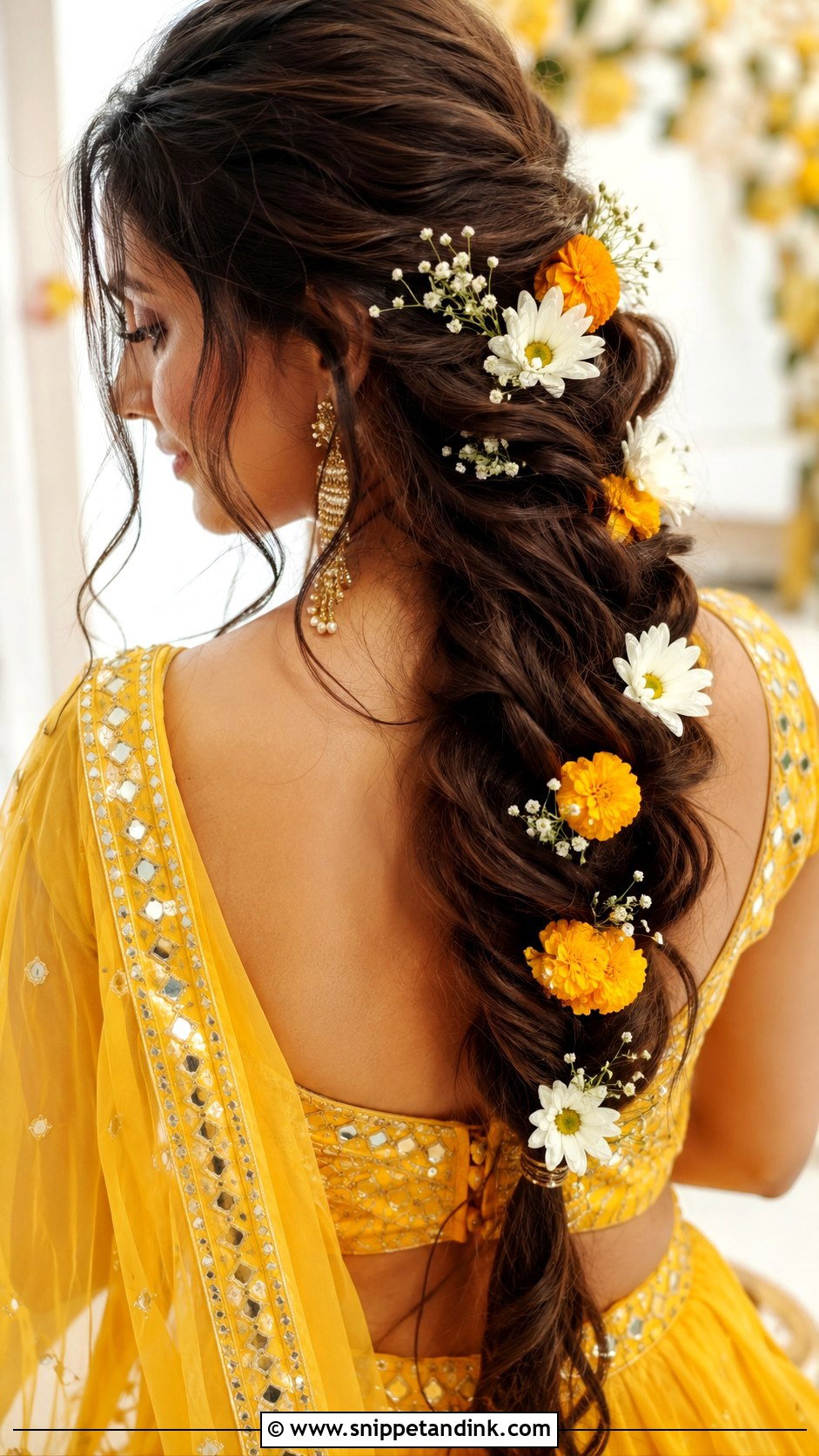 Boho Waterfall Braid for Haldi - Snippet and Ink - 20 Indian Wedding Waterfall Hairstyle Ideas