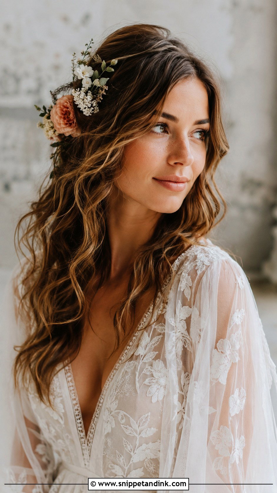 Boho Waves With Floral Accents - Snippet and Ink - 25 Bridal Hair for Round Face Ideas