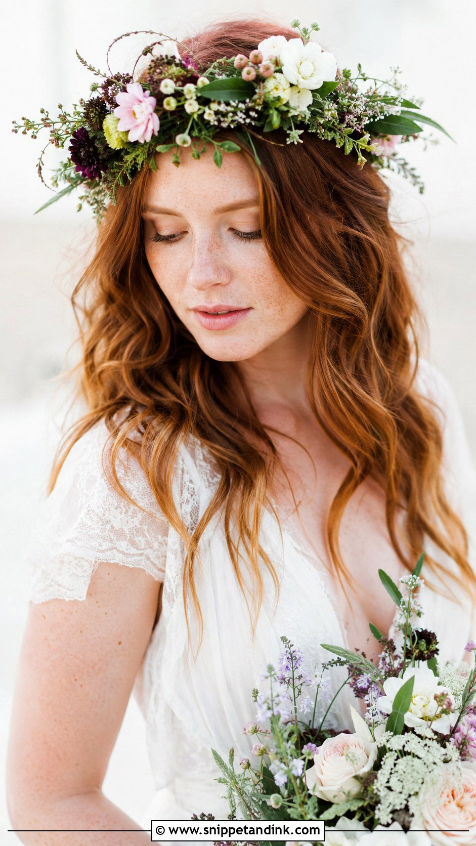 Boho Waves With Floral Crown - Snippet and Ink - 20 Long Wavy Hairstyles for Wedding