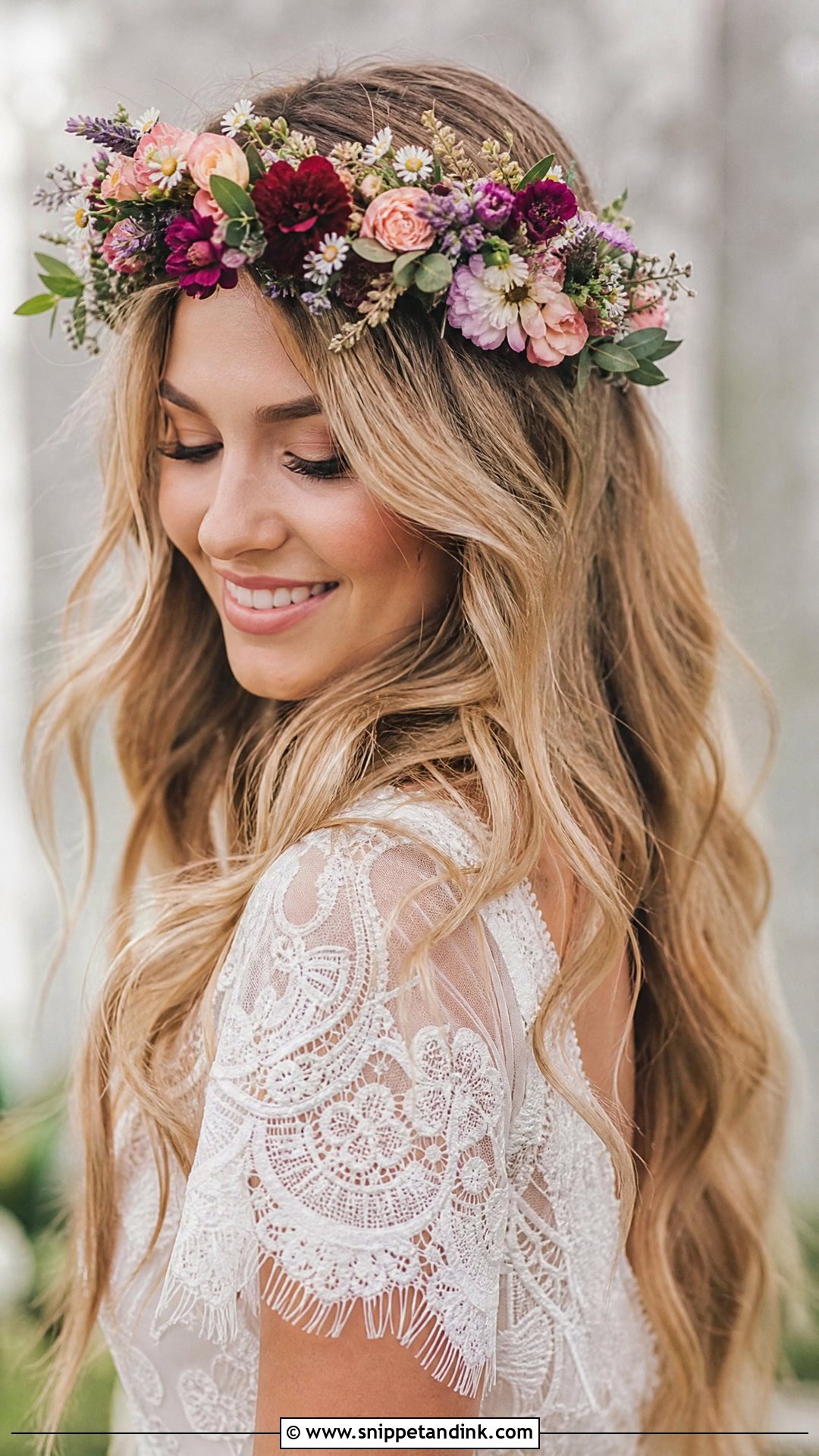 Boho Waves With Floral Crown - Snippet and Ink - 25 Bridal Hairstyles with Crown