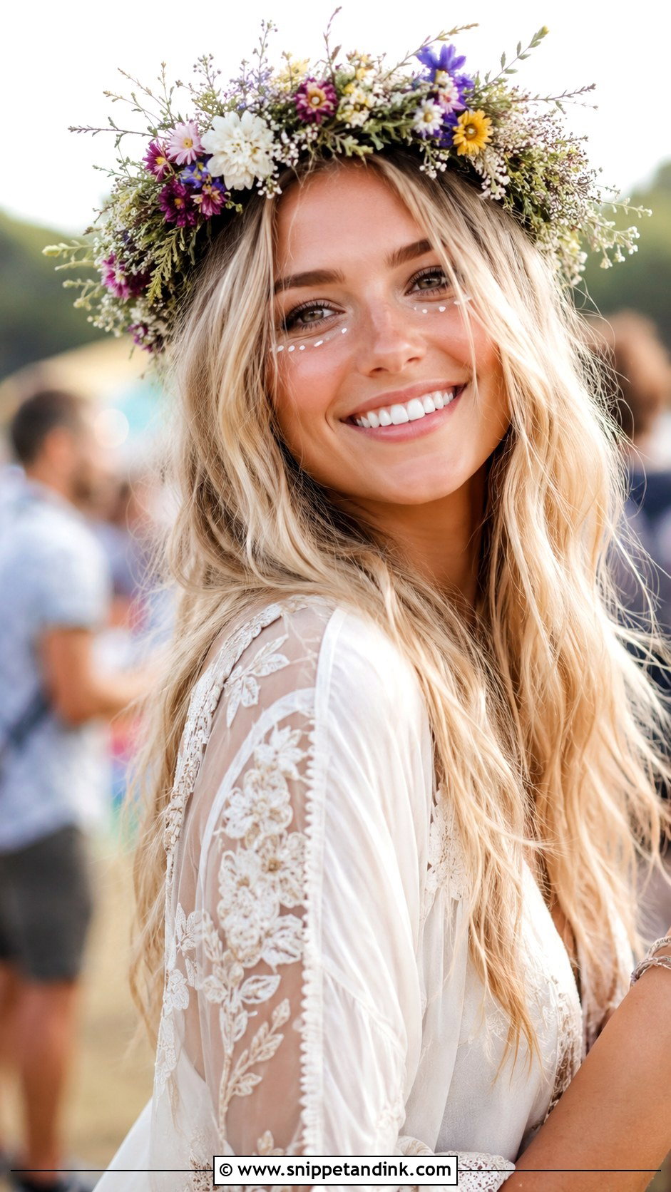 Boho Waves With Floral Crown for Blonde Hair - Snippet and Ink - 25 Blonde Wedding Hairstyles
