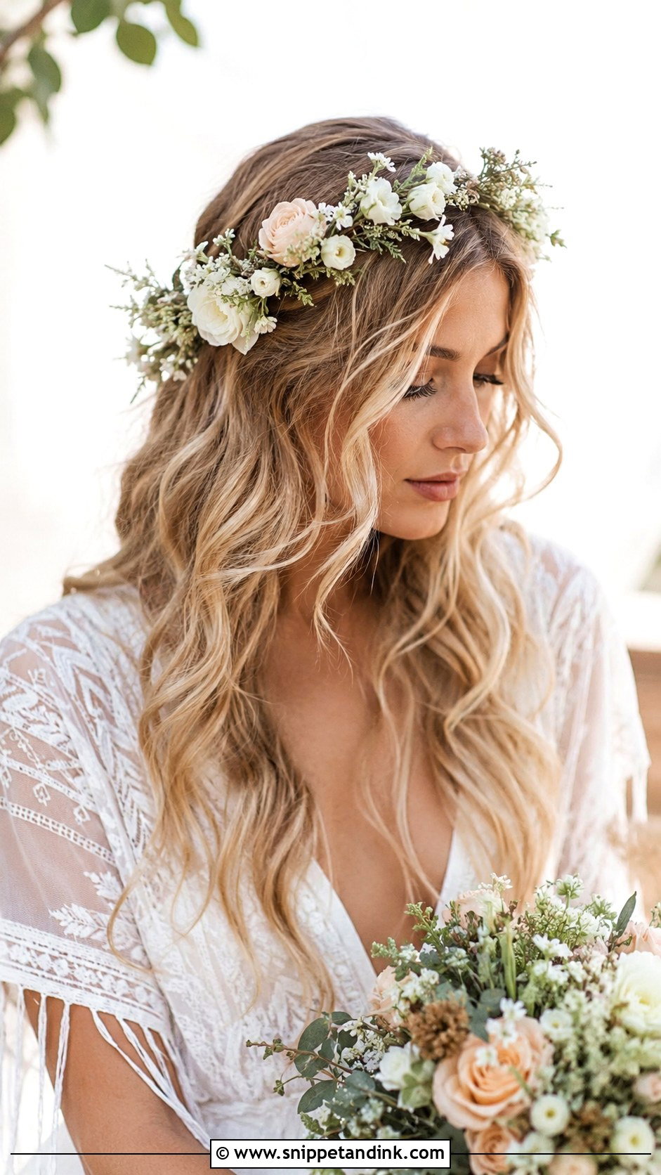 Boho Waves With Floral Crown - Snippet and Ink - 20 Bridal Hair Short Length Ideas