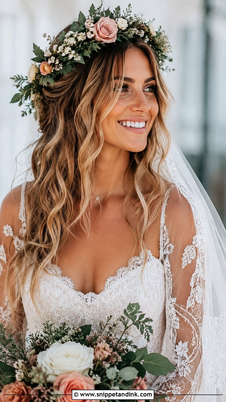 Boho Waves With Floral Halo - Snippet and Ink - 20 Bridal Hair Down with Headpiece Ideas