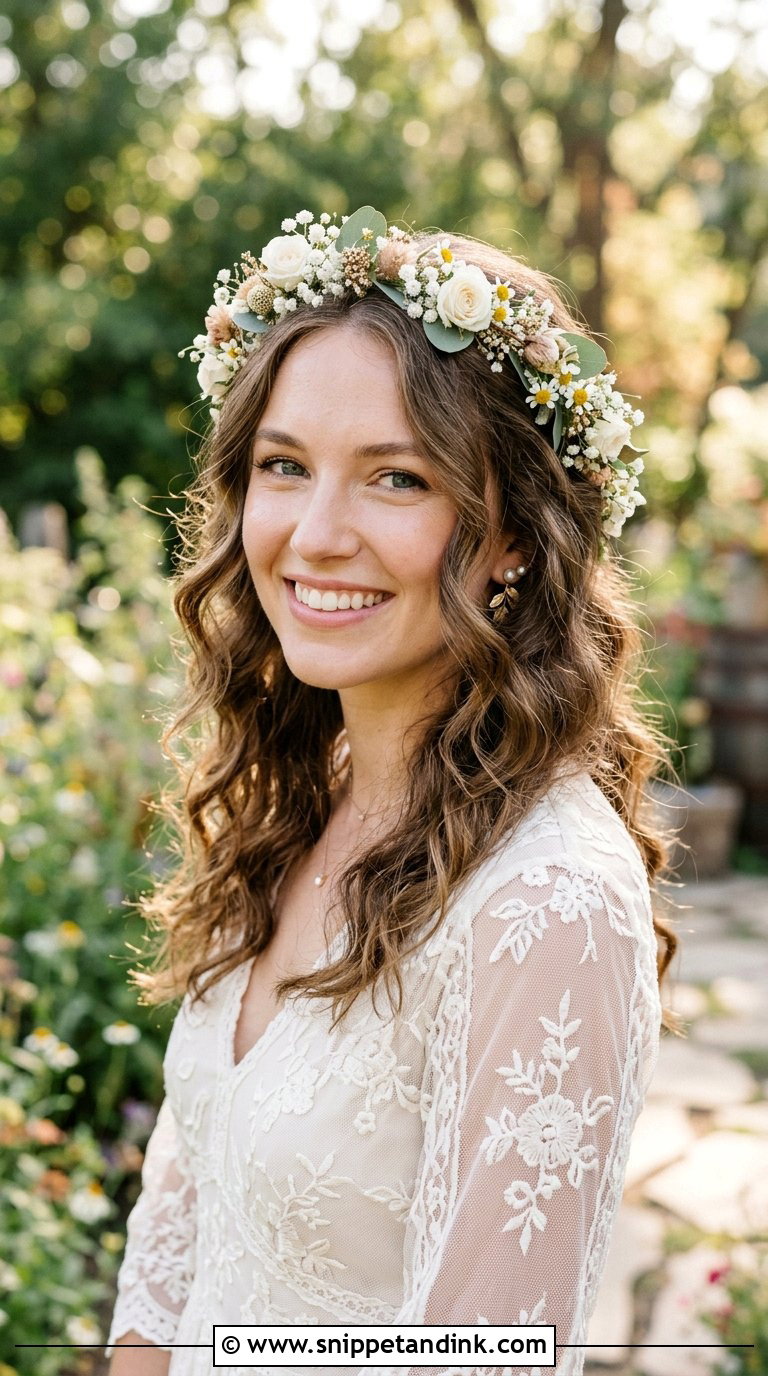Boho Waves With Floral Headband - Snippet and Ink - 20 Bridal Hair with Headband Ideas