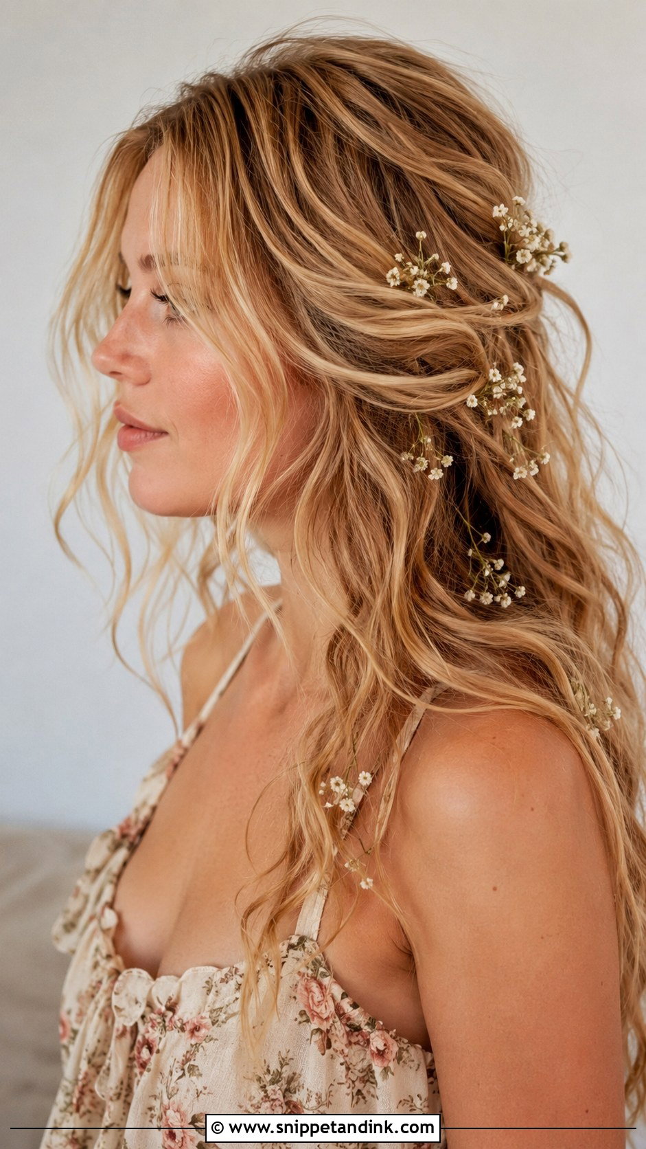 Boho Waves With Floral Pins - Snippet and Ink - 25 Long Hairstyles for Wedding Guest