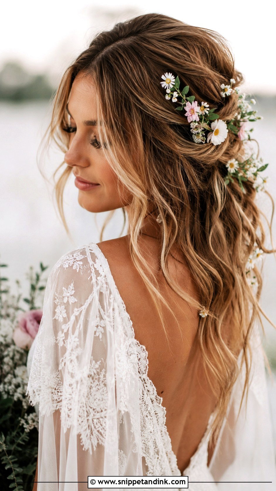 Boho Waves With Flower Accents - Snippet and Ink - 25 Classy Bridal Hair Ideas