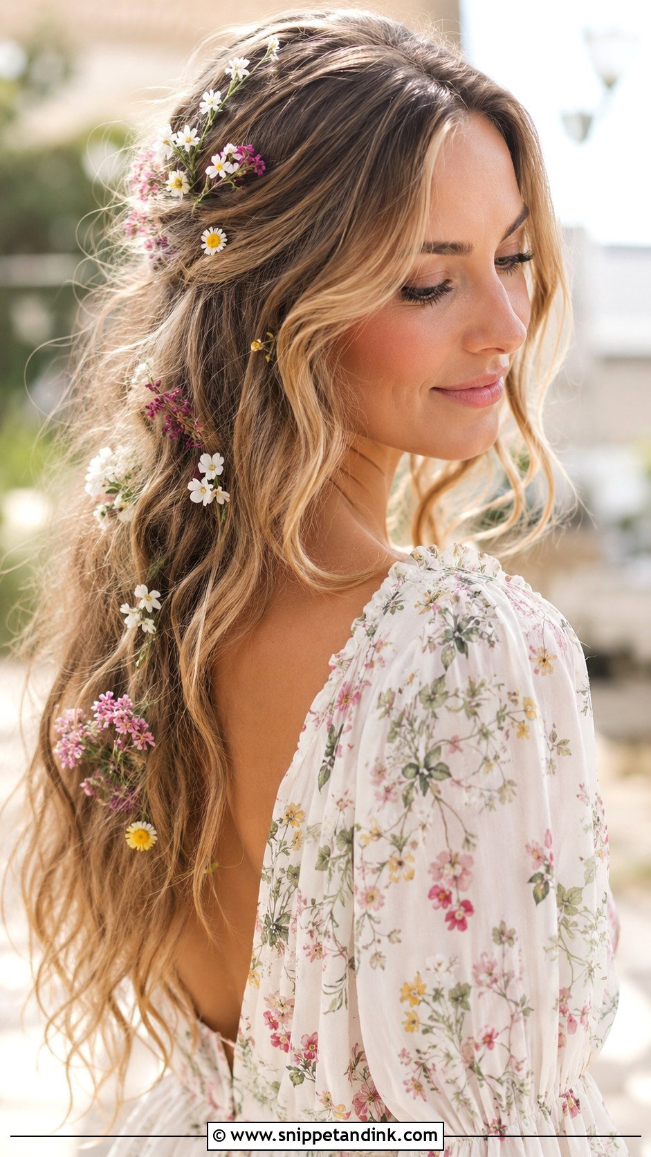 Boho Waves With Flower Accents - Snippet and Ink - 20 Hairstyles for Wedding Guest Medium