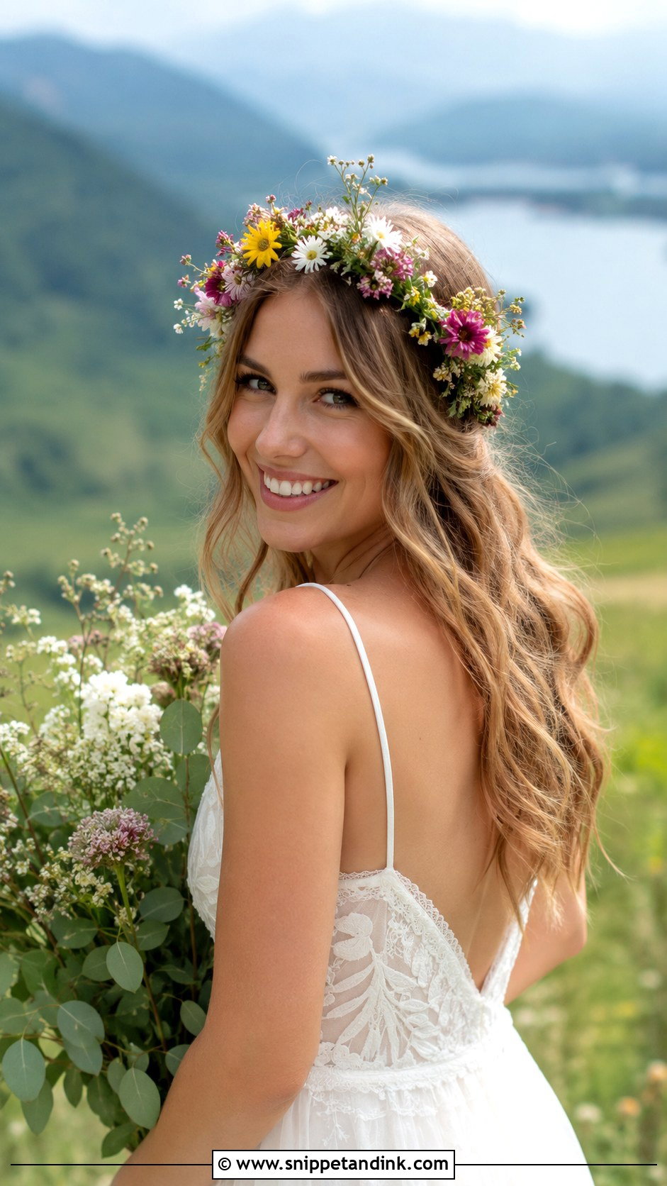 Boho Waves With Flower Crown - Snippet and Ink - 30 Brides Hairstyles