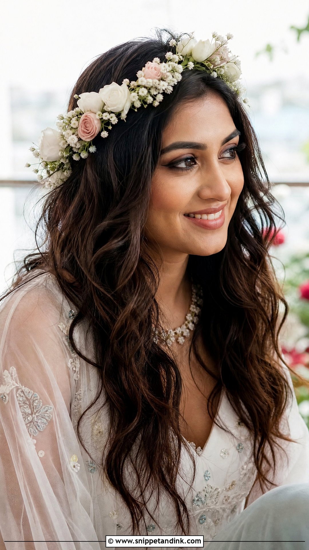 Boho Waves With Flower Crown - Snippet and Ink - 20 Open Hairstyle for Wedding Functions Ideas