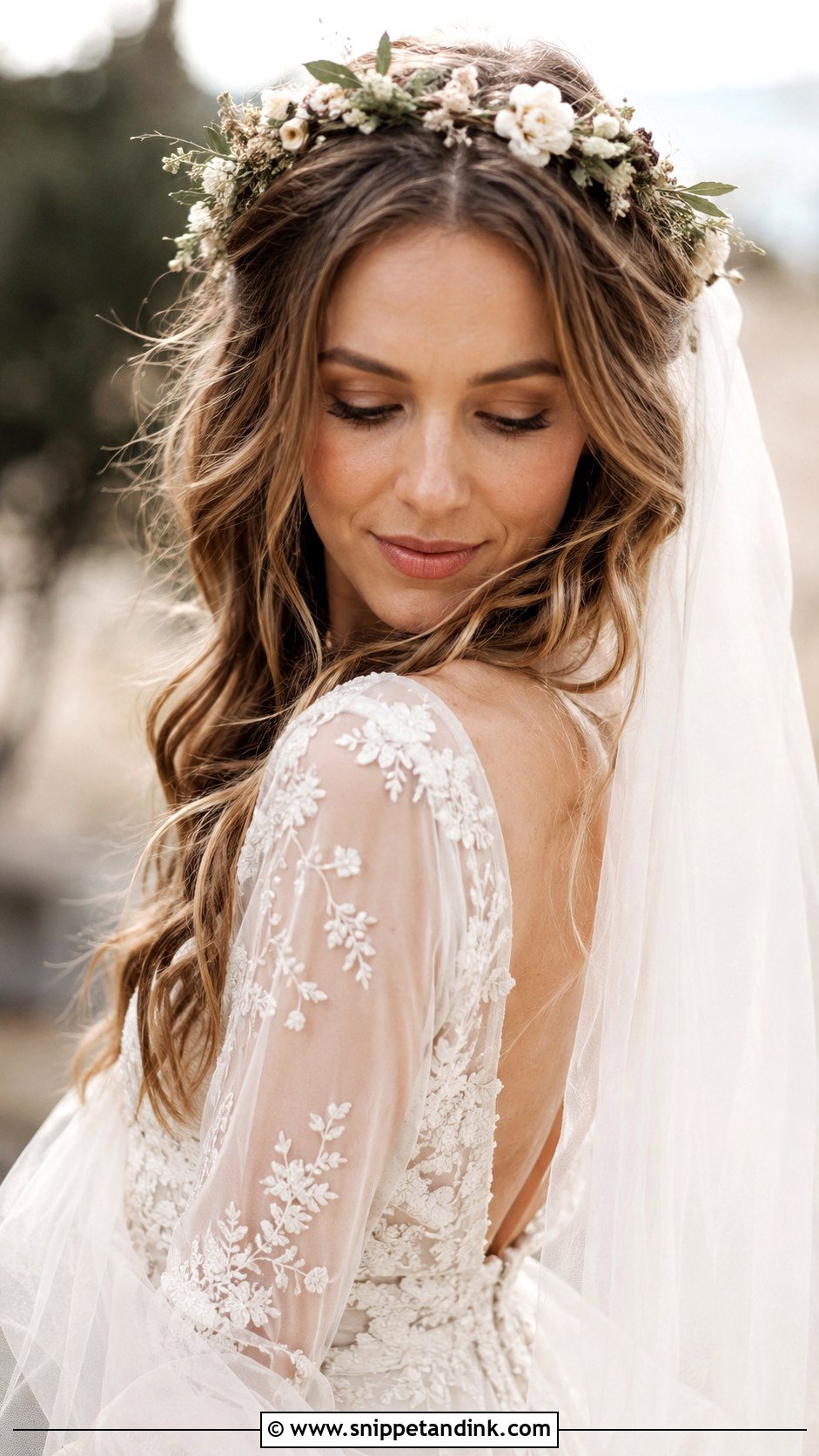 Boho Waves With Flower Crown And Veil - Snippet and Ink - 25 Hair Down with Veil Ideas