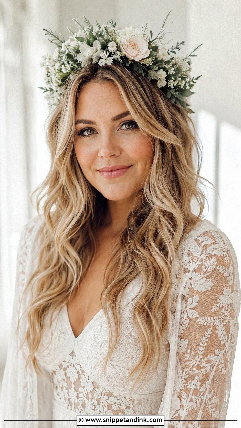 Boho Waves With Flower Crown for Round Face - Snippet and Ink - 25 Wedding Hair for Round Face Ideas